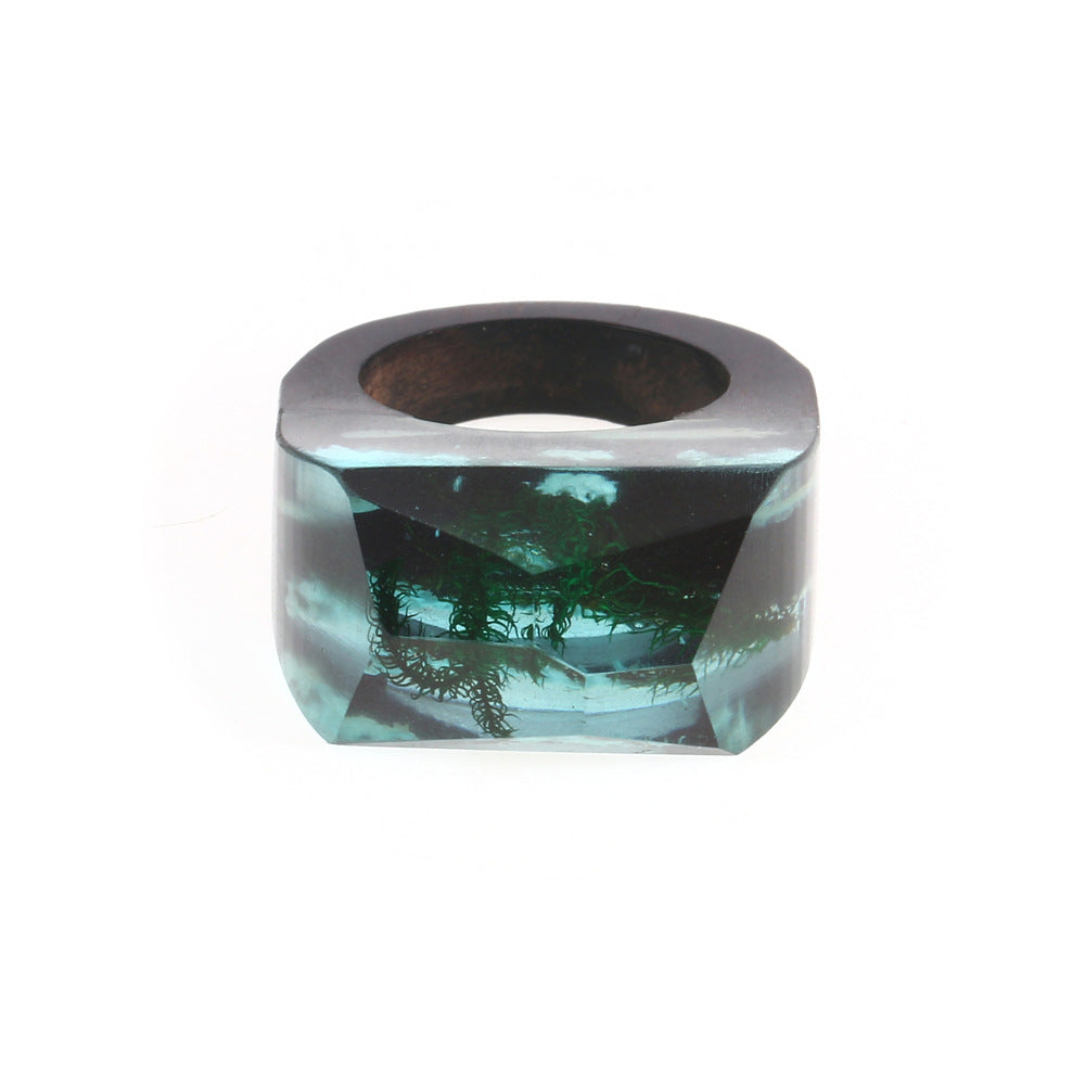 Natural scenery wooden ring marine series seaweed resin solid wood ring