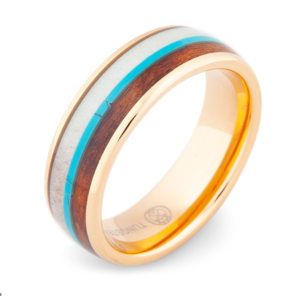 Deer Antler Koa Wood Turquoise Inlay Ring