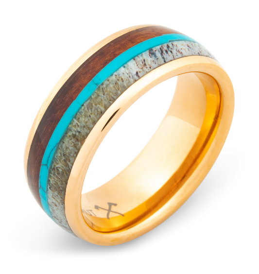 Deer Antler Koa Wood Turquoise Inlay Ring