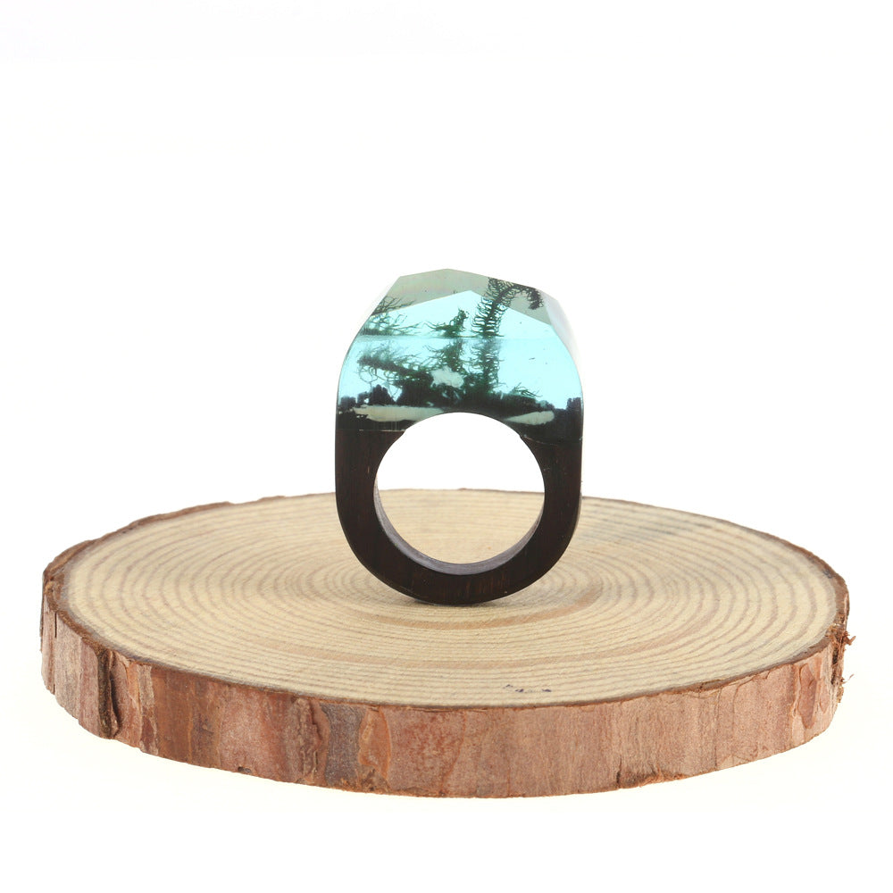 Natural scenery wooden ring marine series seaweed resin solid wood ring