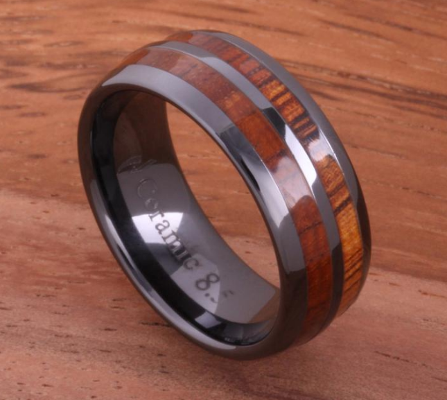 Dark Double Koa Wood Ceramic Ring