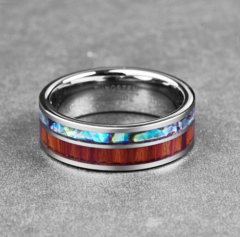 8MM Wide Polished  Tungsten Carbide Ring Inlay Wood Natural Grain Shell For Men Fashion Anniversary Ring