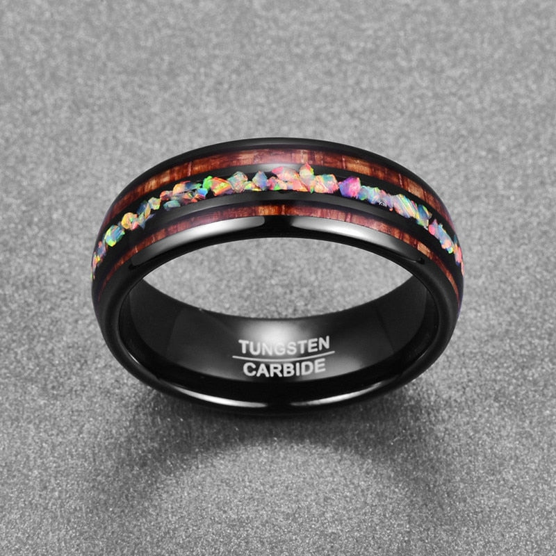 Black Acacia Wood Opal Tungsten Steel Ring