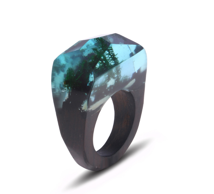 Natural scenery wooden ring marine series seaweed resin solid wood ring