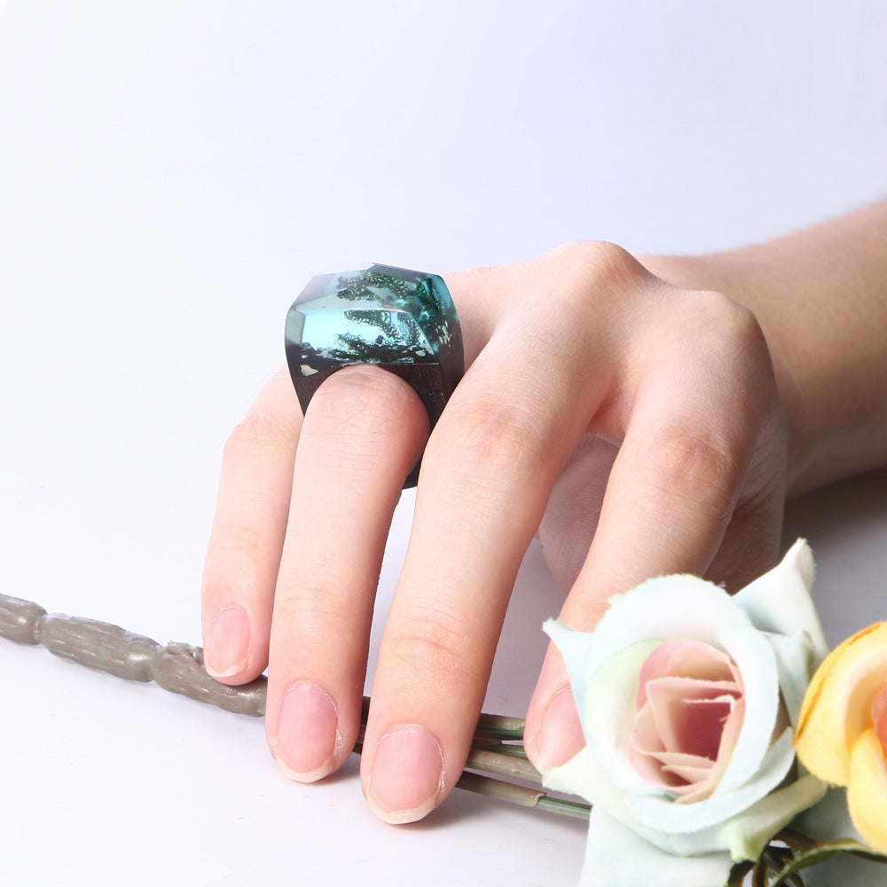 Natural scenery wooden ring marine series seaweed resin solid wood ring