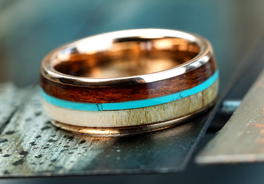 Deer Antler Koa Wood Turquoise Inlay Ring