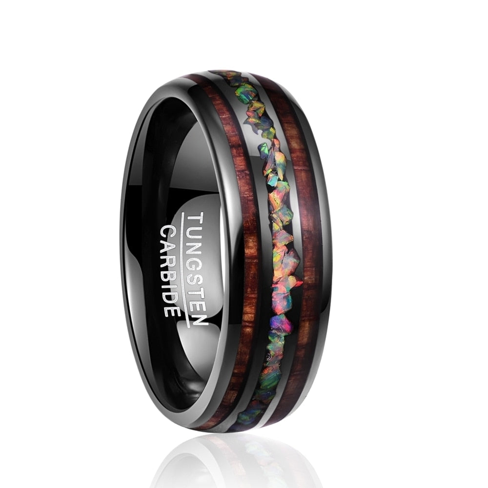 Black Acacia Wood Opal Tungsten Steel Ring