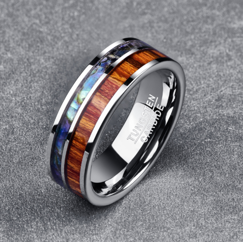 8MM Wide Polished  Tungsten Carbide Ring Inlay Wood Natural Grain Shell For Men Fashion Anniversary Ring