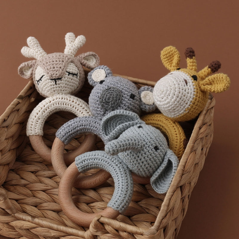 Wooden Crochet Bunny Rattle Toy BPA Free Wood Ring Baby