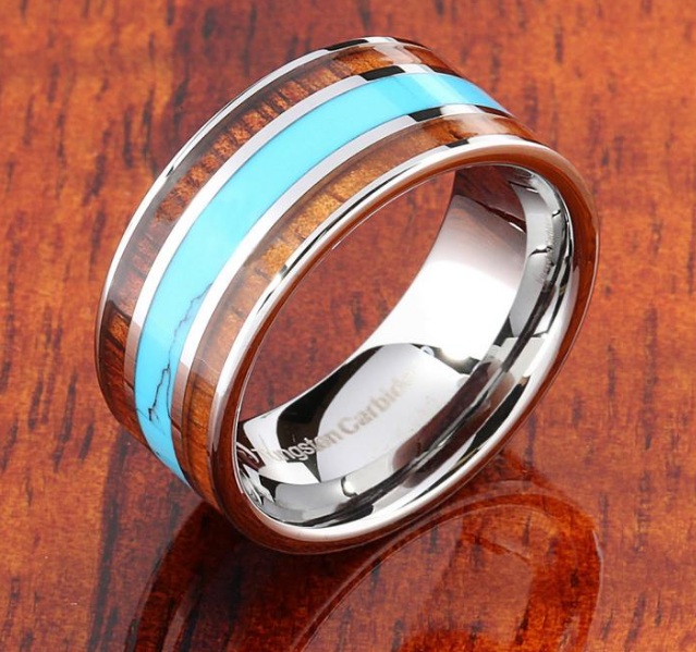 Double Koa Wood Turquoise Inlay Ring