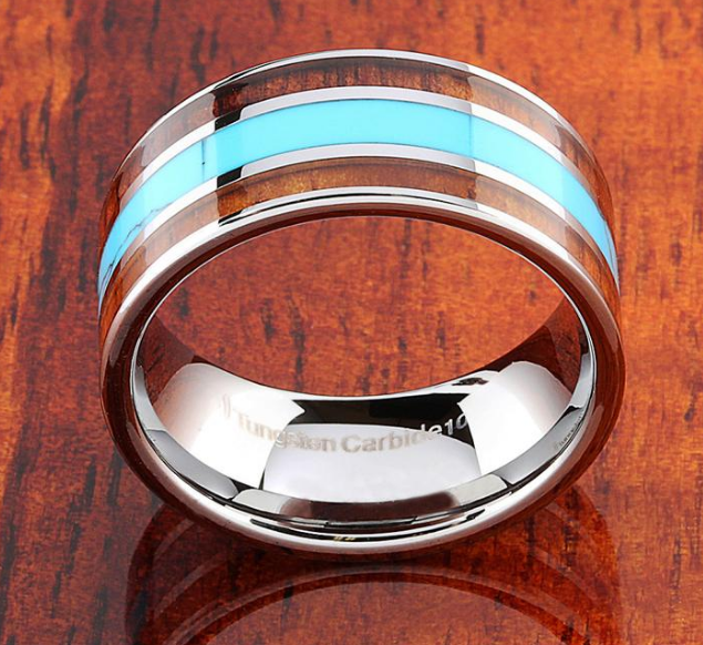 Double Koa Wood Turquoise Inlay Ring