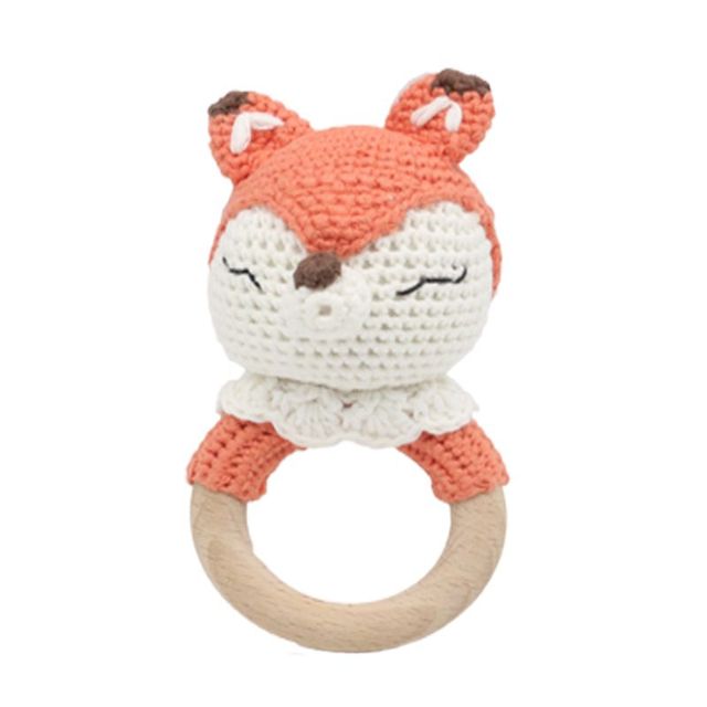 Wooden Crochet Bunny Rattle Toy BPA Free Wood Ring Baby