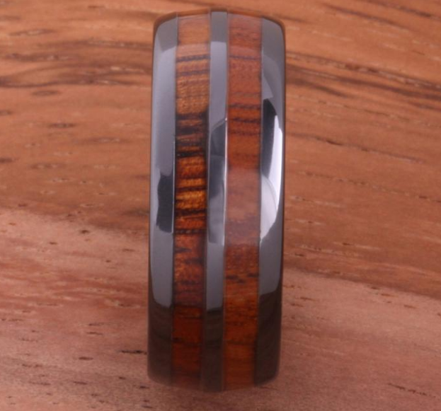 Dark Double Koa Wood Ceramic Ring