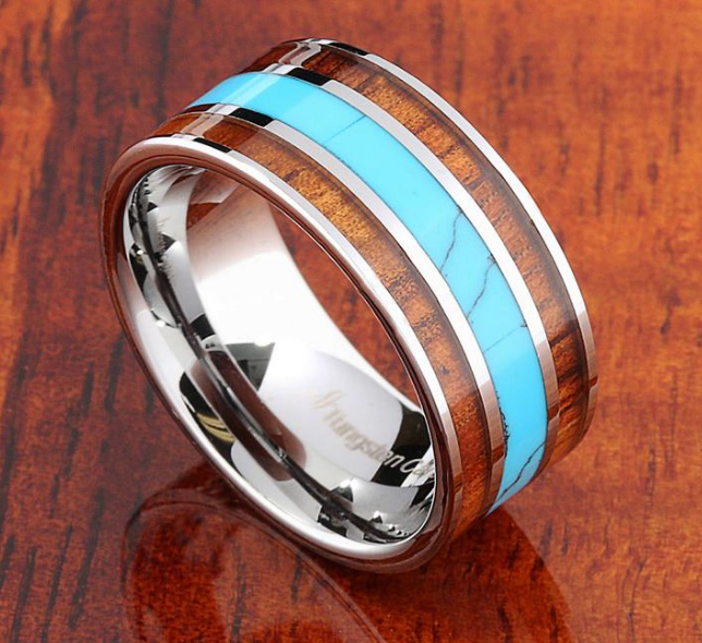 Double Koa Wood Turquoise Inlay Ring