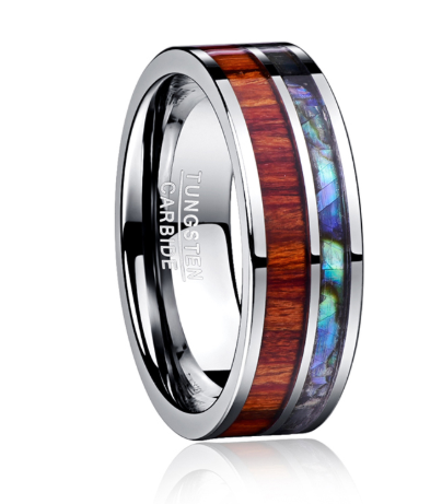 8MM Wide Polished  Tungsten Carbide Ring Inlay Wood Natural Grain Shell For Men Fashion Anniversary Ring