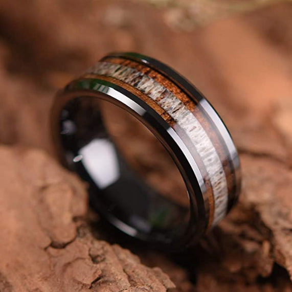 Titanium Steel Ring Deer Antler Acacia Wood Ring