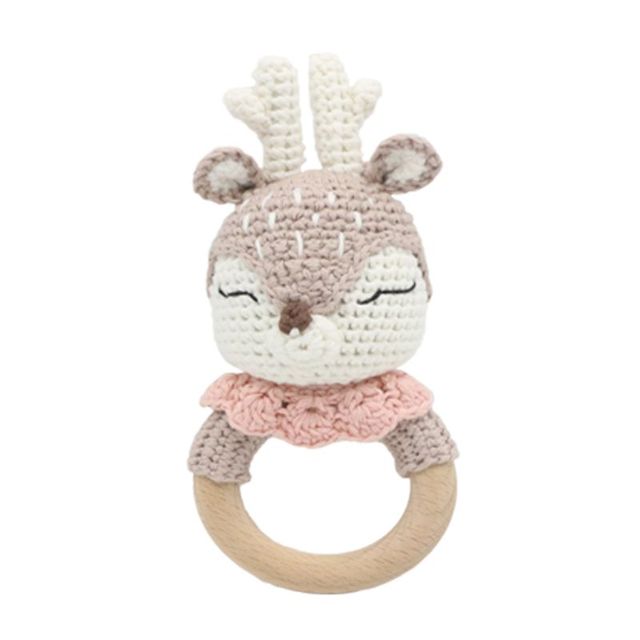 Wooden Crochet Bunny Rattle Toy BPA Free Wood Ring Baby