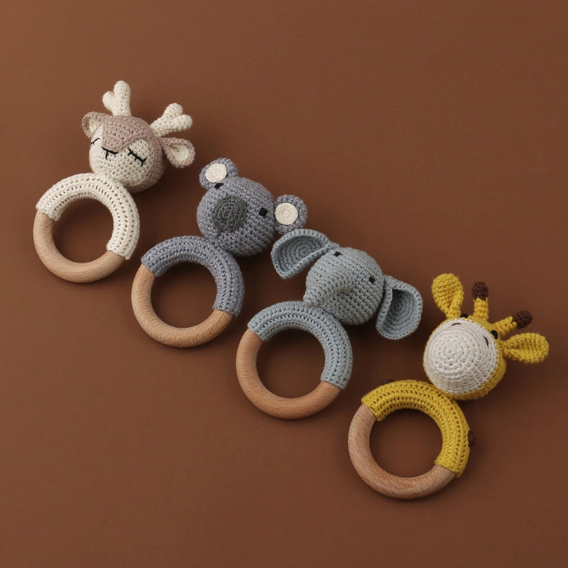 Wooden Crochet Bunny Rattle Toy BPA Free Wood Ring Baby