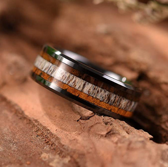 Titanium Steel Ring Deer Antler Acacia Wood Ring