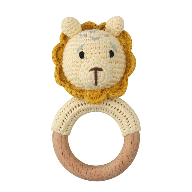 Wooden Crochet Bunny Rattle Toy BPA Free Wood Ring Baby